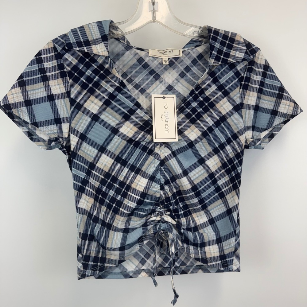 No Comment NY-LA Blue Plaid Cinched Front Crop Top V-Neck‎ Short Sleeve M NWT
